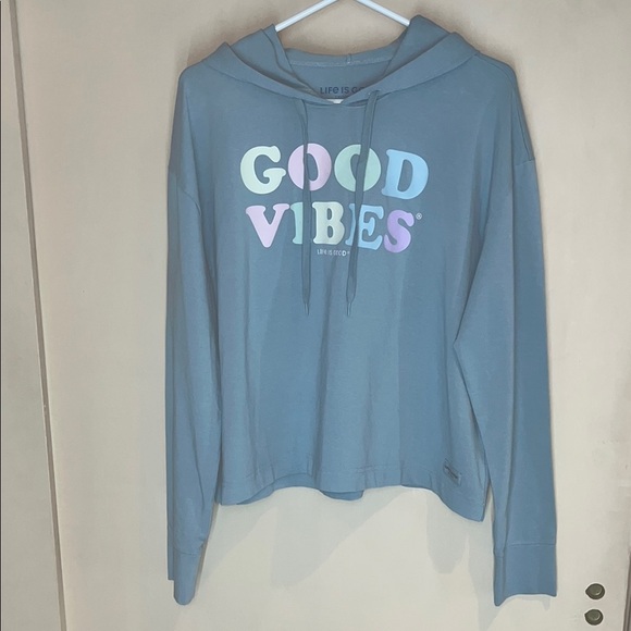 Life is Good Blue Hoodie with Good Vibes Print - Picture 1 of 10
